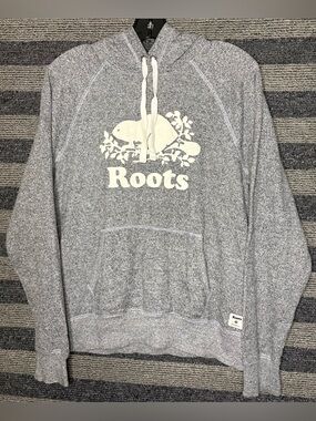 Roots Gray Heather Logo Pullover Hoodie Sweatshirt Women’s Large EUC